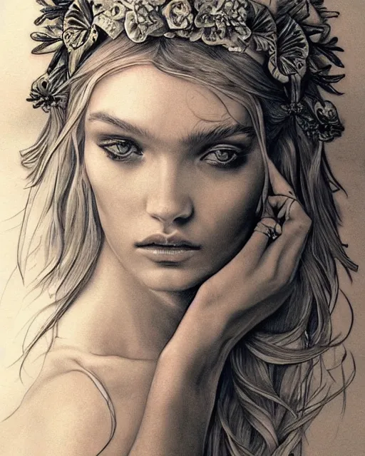 Prompt: realism tattoo sketch of lily donaldson as a beautiful greek goddess aphrodite with piercing eyes wearing a laurel wreath and triangle earrings, in the style of greg rutkowski, amazing detail