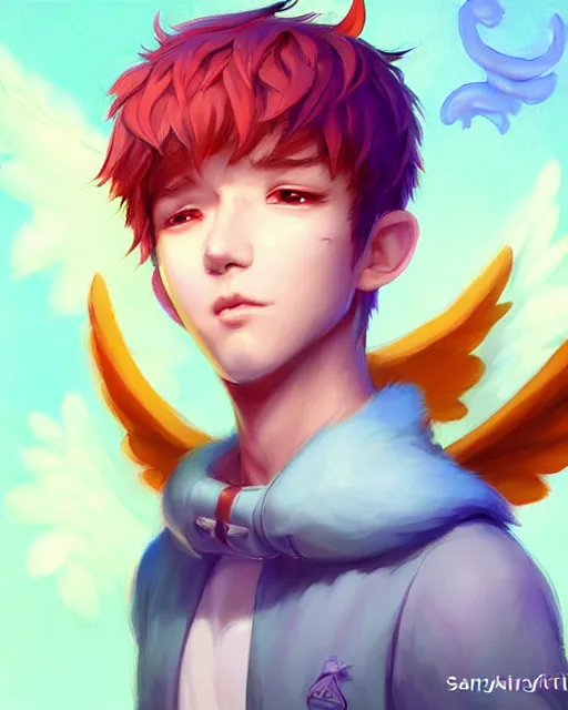 Image similar to character concept art of a cute young male anthropomorphic colorful furry angel dragon | | cute - fine - face, pretty face, key visual, realistic shaded perfect face, fine details by stanley artgerm lau, wlop, rossdraws, james jean, andrei riabovitchev, marc simonetti, and sakimichan, trending on artstation