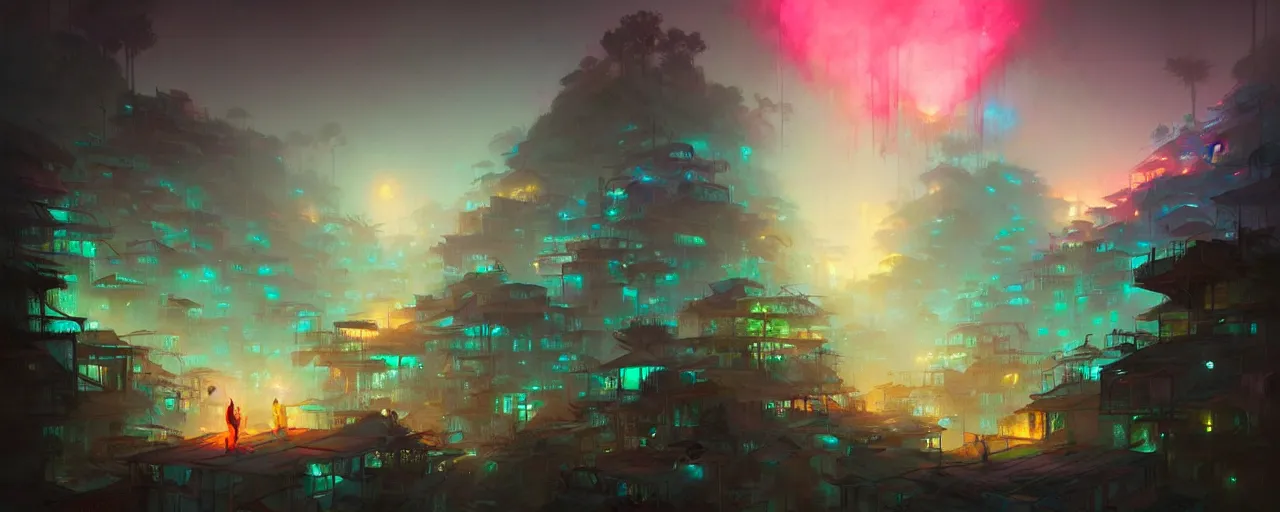 Prompt: cloud forest neon favelas by peter mohrbacher and craig mullins and james jean and marc simonetti