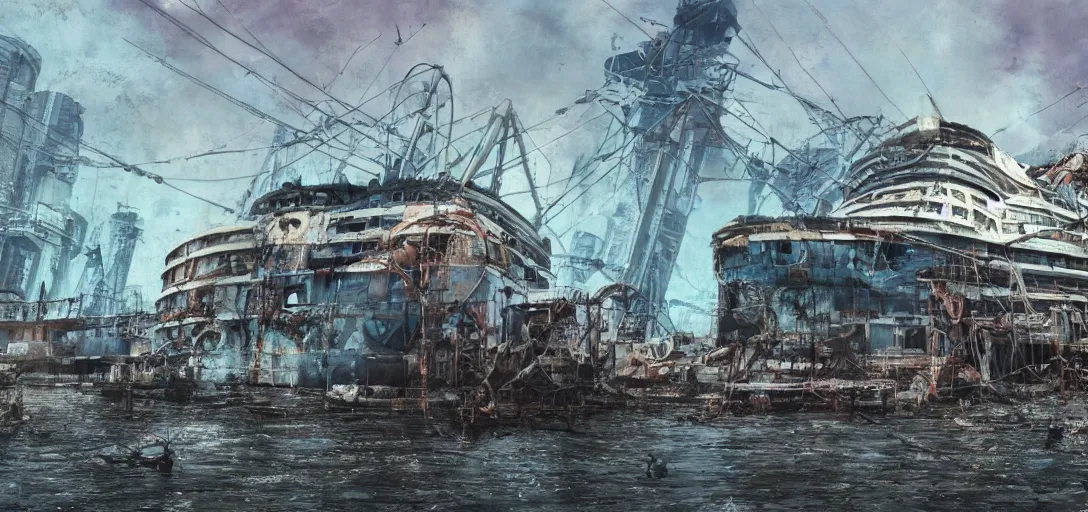 Prompt: an abandoned cruise ship in the River Thames, post-apocalyptic future, cables, wires, upcycled, cyberpunk, cinematic shot, hyper realistic, hyper detailed