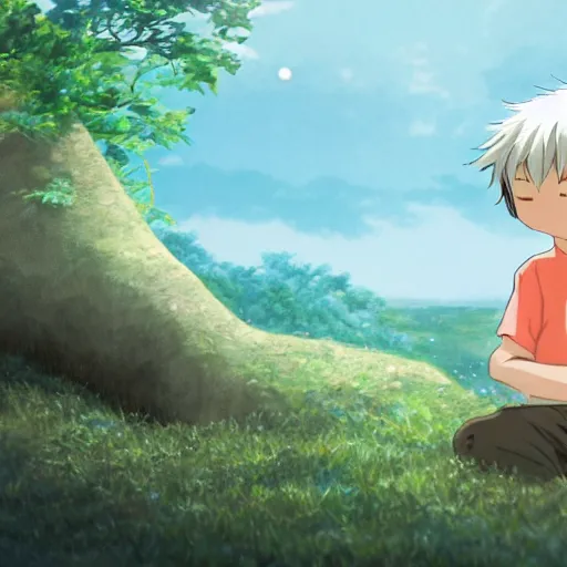 Image similar to young boy and ghibli creature , with Fragile looking character portrait face made by Studio Ghibli highly detailed art, beautiful scene, sharp focus, smooth,fantasy, 8k, anime art