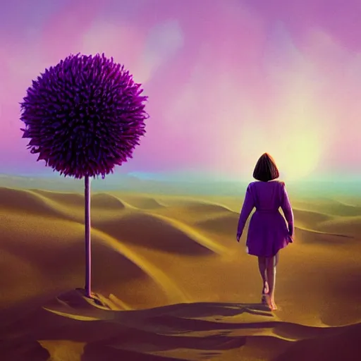 Image similar to portrait, giant purple dahlia flower head, girl walking between dunes, surreal photography, sunrise, blue sky, dramatic light, impressionist painting, digital painting, artstation, simon stalenhag