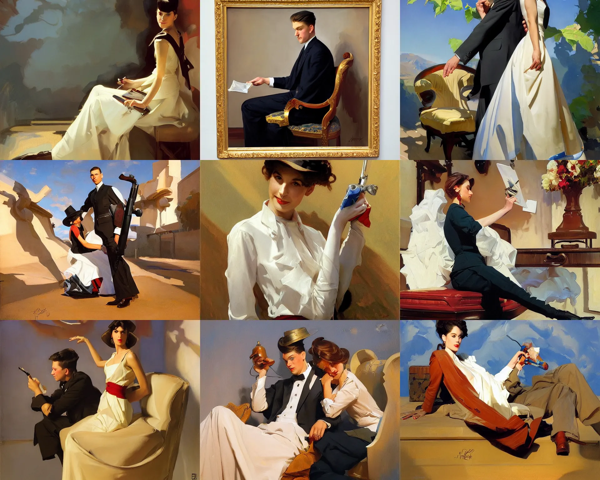 Prompt: painting by sargent and rhads and leyendecker and greg hildebrandt