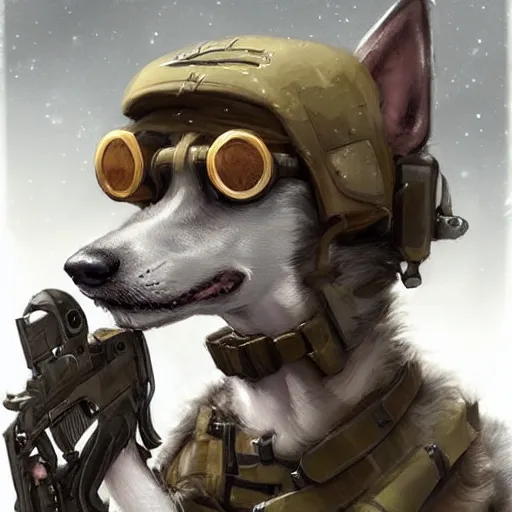 Image similar to cute little anthropomorphic Borzoi dog army sniper , tiny, small, short, Danish Special Forces outfit, cute and adorable, pretty, beautiful, DnD character art portrait, matte fantasy painting, DeviantArt Artstation, by Jason Felix by Steve Argyle by Tyler Jacobson by Peter Mohrbacher, cinematic lighting