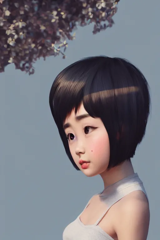 Image similar to a cute Asian girl singing, short stylish hair in the style of DreamWorks animation, mid-shot, profile, low angle view, 16mm lens, award winning, hyper detailed, studio lighting, artstation, octane renderer, unreal engine