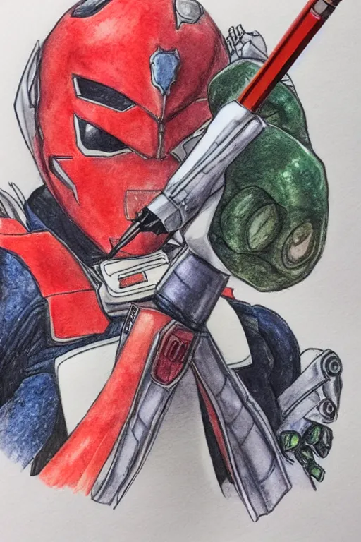 Image similar to Kamen Rider drinking hot sauce, pencil and watercolor