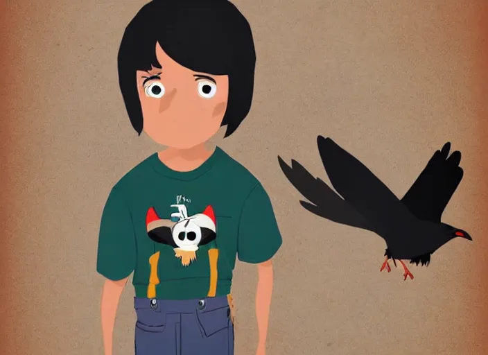 Prompt: cartoon still, a small boy with dark hair, wearing farm clothes, he has a small crow on his shoulder, artstation, character design, by padleton ward