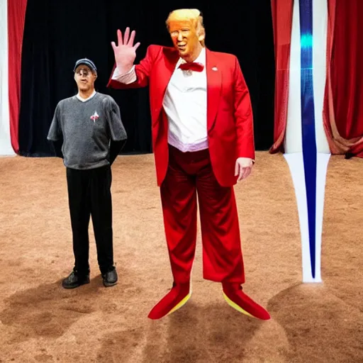 Image similar to Donald trump tallest man in the world being showed off at a circus