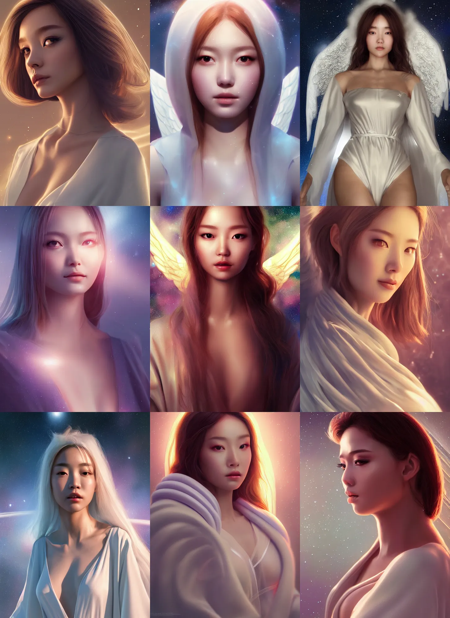 Prompt: detailed portrait of perfect angel in space, blender, silk robe, beautiful, pretty face, body perfection, innocent, scifi, 4 k, sun yunjoo, ultra realistic, aura of light, cinematic lighting, highly detailed, sharp focus, artstation, masterpiece, art by hyungjin yang