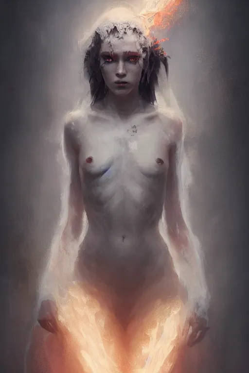 Image similar to a beautiful portrait of a young Demon women covered in white flames by Greg Rutkowski, Sung Choi, Mitchell Mohrhauser, Maciej Kuciara, Johnson Ting, Maxim Verehin, Peter Konig, Bloodborne , 8k photorealistic, cinematic lighting, HD, high details, atmospheric , trending on artstation