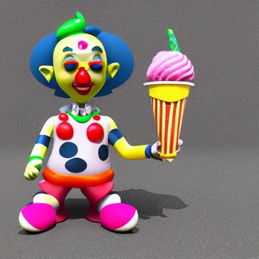 Image similar to Killer Animtronic Clown selling ice cream, 4k, 3d render, realistic