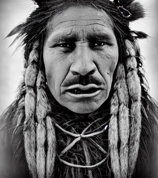 Image similar to Award winning Editorial photo of a Native Iroquois with incredible hair wearing traditional garb by Edward Sherriff Curtis and Lee Jeffries, 85mm ND 5, perfect lighting, gelatin silver process