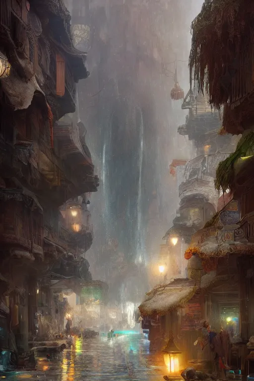 Image similar to inside the antique street of atlantis the city of water, waterfall, intricate, elegant, volumetric lighting, digital painting, highly detailed, artstation, sharp focus, illustration, concept art, ruan jia, steve mccurry