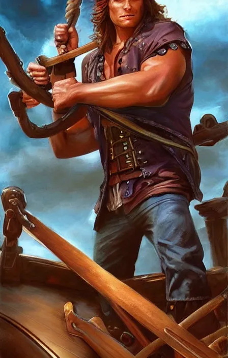 Image similar to pretty muscular sam winchester as a pirate in a pirate ship, fantasy style, sharp focus!, ultra detailed, art by artgerm and peter andrew jones, wlop