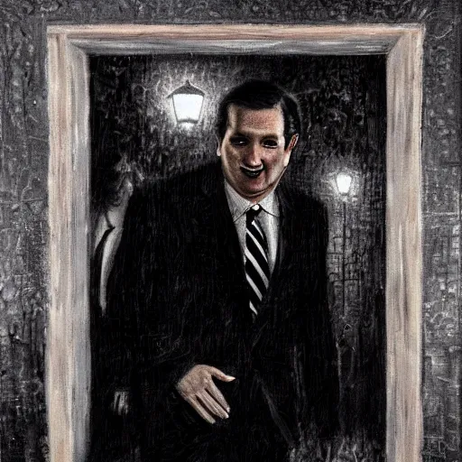 Image similar to Ted Cruz escapes, black and white, creepy lighting, scary, horror, ornate, eerie, fear, oil painting