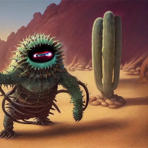 Image similar to ball creature covered with eyes, in the desert next to a cactus, d & d, fantasy, greg rutkowski, frank frazetta, alexandre chaudret, boris vallejo, michael whelan, miro petrov, hr giger, magali villeneuve, donato giancola