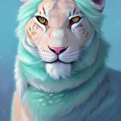 Image similar to aesthetic portrait commission of a albino male furry anthro Liger wearing a cute mint colored cozy soft pastel winter outfit, winter Atmosphere. Character design by charlie bowater, ross tran, artgerm, and makoto shinkai, detailed, inked, western comic book art, 2021 award winning painting