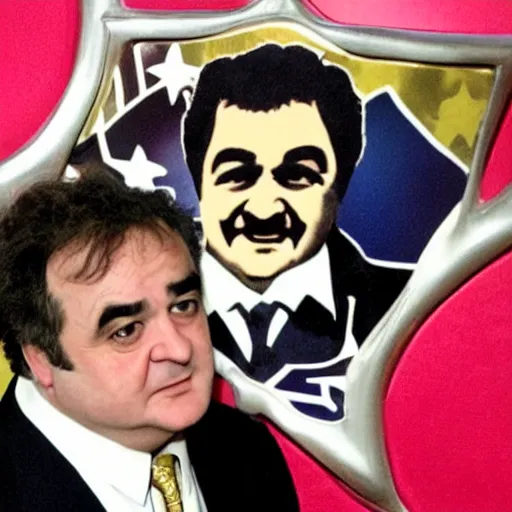 Image similar to a man who looks like john belushi with the face of gordon brown, wearing a tracksuit and big gold many pointed star shaped medallions