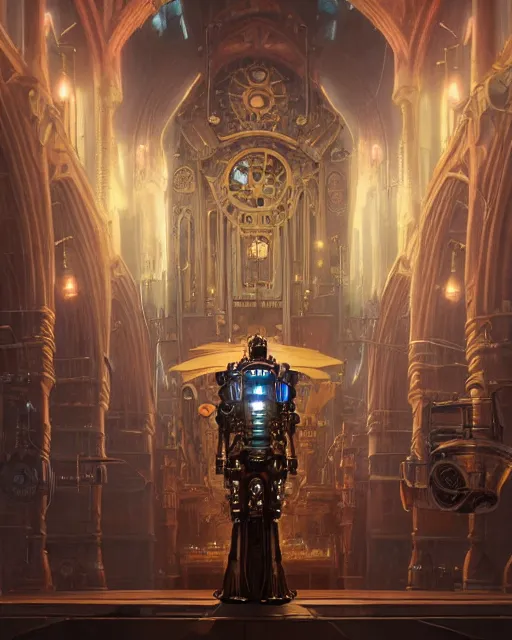 Image similar to highly detailed surreal vfx portrait of a steampunk robot in a steampunk cathedral, stephen bliss, unreal engine, greg rutkowski, loish, rhads, beeple, makoto shinkai and lois van baarle, ilya kuvshinov, rossdraws, tom bagshaw, alphonse mucha, global illumination, detailed and intricate environment