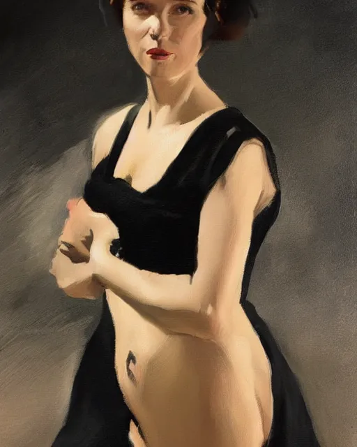 Image similar to woman on the beach in black dress, full body, leyendecker style, camera glare in oil style,