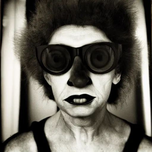 Image similar to portrait of a crazy lynchian character by Diane Arbus, 50mm, black and white photography