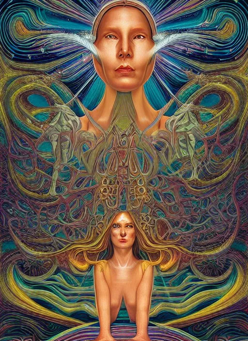 Image similar to portrait ultra dimensional enlightened cult woman shaman, enlightenment tripping on dmt, psychedelic experience, surrealism masterpiece composition, by michael parkes, casey weldon, barclay shaw