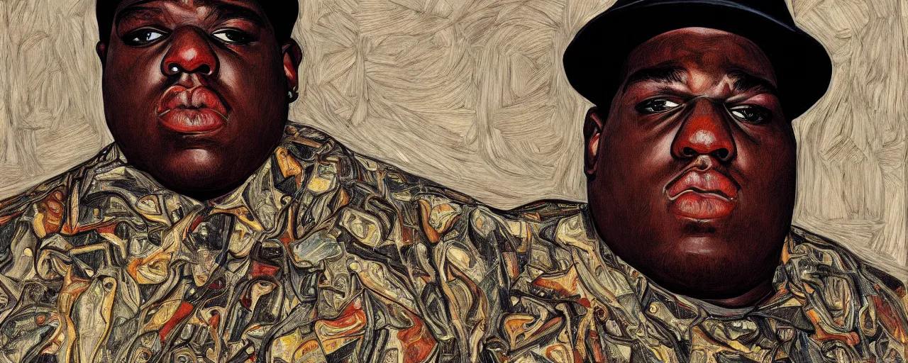 Image similar to a portrait of biggie smalls in style of egon schiele, masterpiece, hyperdetailed, complex, intricate, 4 k, trending on artstation