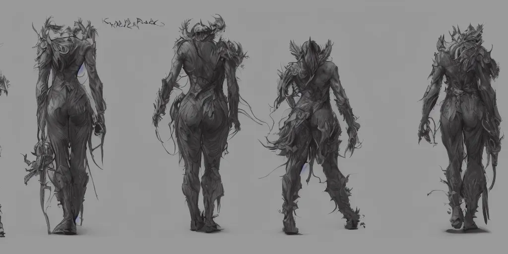 Prompt: character rear view detail designs, Milo Manara, Greg Rutkowski, character sheet, Darek Zabrocki, Karlkka, Jayison Devadas, Phuoc Quan, trending on Artstation, 8K, ultra wide angle, pincushion lens effect