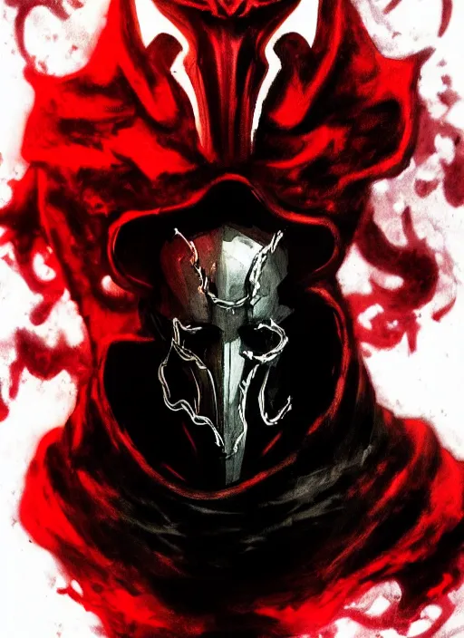 Prompt: half body portrait of an evil deity, a squid man in black mask and black rugged long trench coat made of smoke, red aura. in style of yoji shinkawa and hyung - tae kim, trending on artstation, dark fantasy, great composition, concept art, highly detailed, dynamic pose.