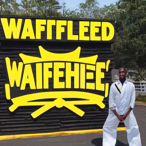 Prompt: wafflehouse employee's standing below wafflehouse sign, employees uniform is black and blue with yellow name tags