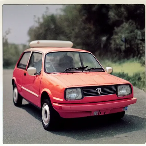 Image similar to a fiat uno in front of thousands of tesla vintage scratched white borders polaroid photo