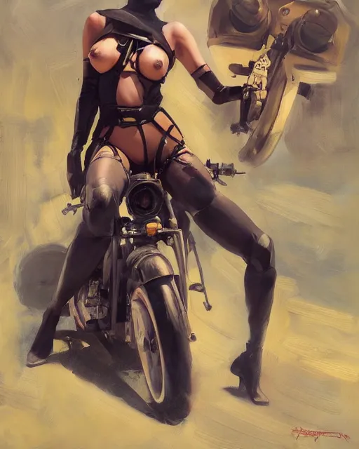 Prompt: greg manchess portrait painting of bunny cosplayer with female body, sitting on cyberpunk motorbike, medium shot, asymmetrical, profile picture, organic painting, sunny day, matte painting, bold shapes, hard edges, street art, trending on artstation, by huang guangjian and ail elvgren and sachin teng