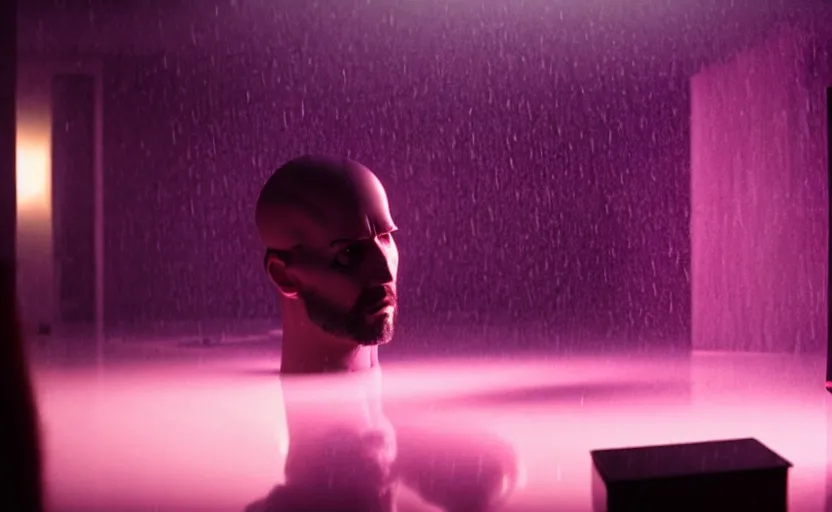 Image similar to cinestill of a giant hand made of purple wax float through the living room film still from the movie directed by denis villeneuve with art direction, pouring rain menacing lights shadows, 8 k, hd, high resolution, 3 5 mm, f / 3 2, ultra realistic faces, ex machina