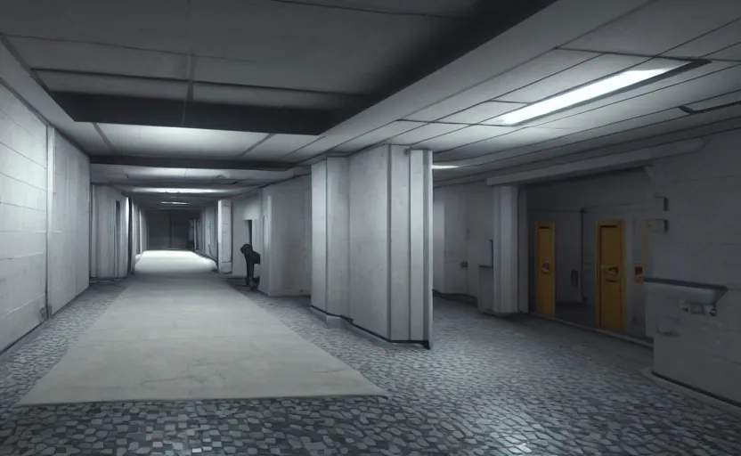 Image similar to screenshot of a first person shooter game on unreal engine 5, narrow modern hallways of a government office facility with white dry wall, photorealistic, retrofuturism