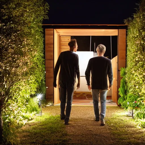 Image similar to A photo of two men in a garden at night walking towards a small wooden garden shed