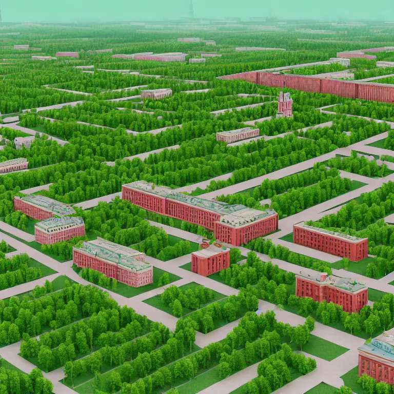 Prompt: soviet town, one-point perspective in the center, infinitely long soviet panel buildings, a perfect green lawn in the center of the frame. High detail, details, ultra realistic render, octane, 3D, photorealism, ground level view, symmetric, cinematic