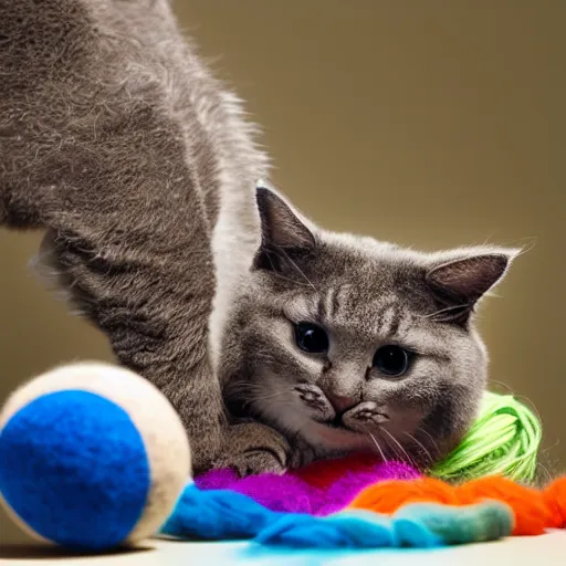 Image similar to big chungus cat playing with ball of yarn, photo, centered, detailed, 4k