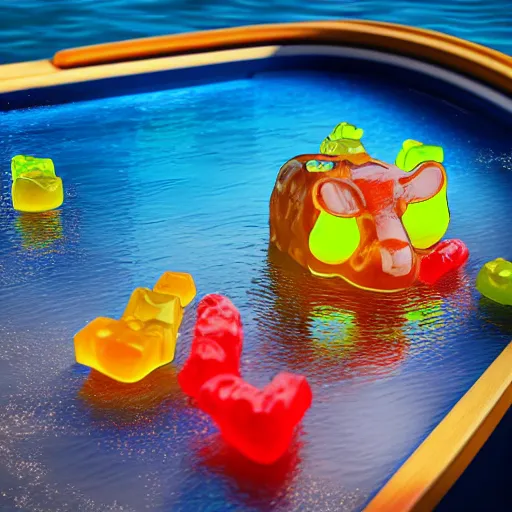 Image similar to life - sized gummi bear going deep sea fishing in a convertible sportfisherman boat. he is fishing for swedish fish candy and using gummi worm candy as bait. photorealistic digital art, epic fantasy, dramatic lighting, cinematic, extremely high detail, cinematic lighting, trending, artstation, cgsociety, 3 d ue 5, 4 k, hq