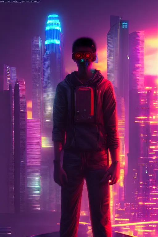 Man needlessly standing on roof overlooking cyberpunk city posing