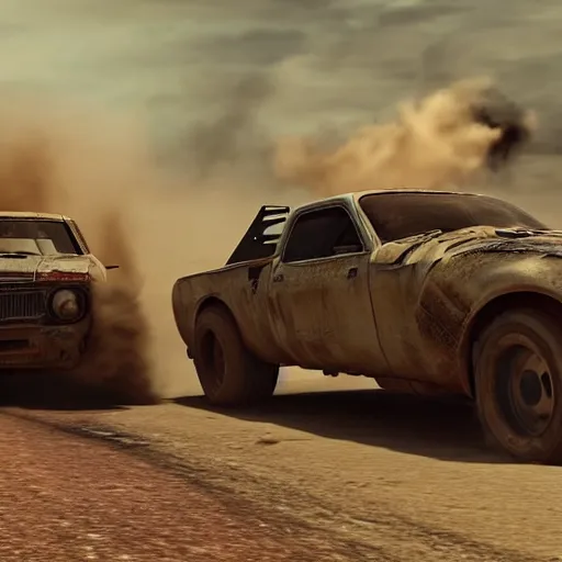 Image similar to a post apocalyptic car chase in the style of mad max, heavily modified cars, low camera angle, truck racing into camera, action photography
