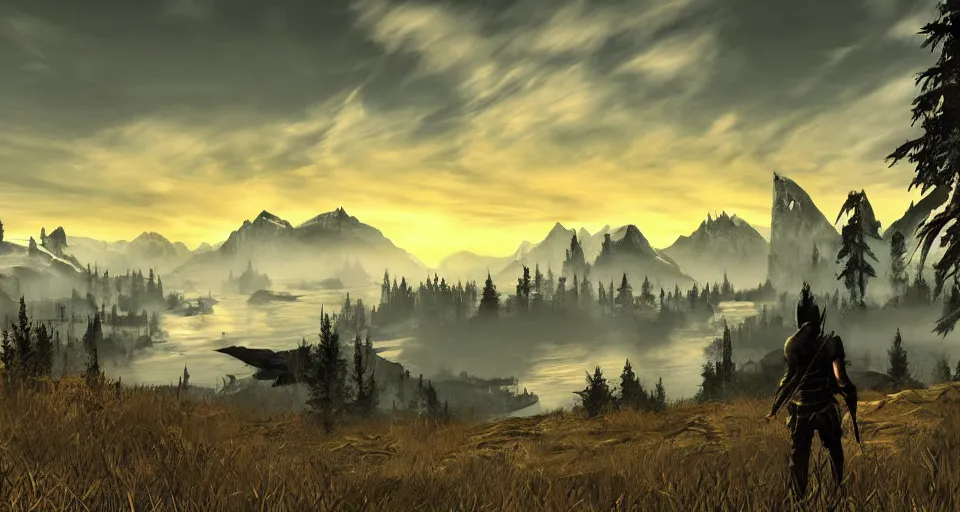 Prompt: skyrim landscape in the art style of grand theft auto five cover art digital artwork cell shaded sunset