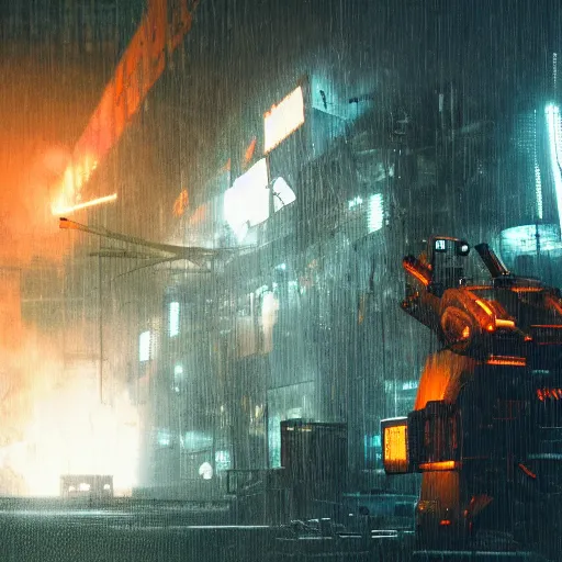 Image similar to mecha made from kitchen utensils, dark messy smoke - filled cluttered workshop, dark, dramatic lighting, orange tint, cinematic, highly detailed, sci - fi, futuristic, movie still from blade runner