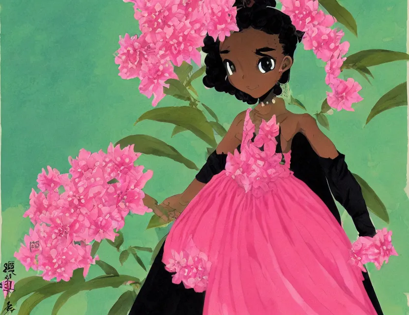 Prompt: black - skinned princess of the azalea mountains, wearing a lovely dress. this gouache painting by the award - winning mangaka has an interesting color scheme, plenty of details and impeccable lighting.