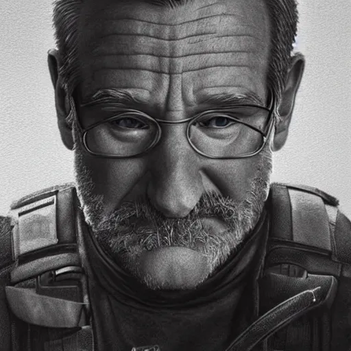 Image similar to Very very very very highly detailed epic photo of Robin Williams, intricate, dystopian, sci-fi, extremely detailed, digital painting, artstation, concept art, smooth, sharp focus, illustration, intimidating lighting, incredible art by Artgerm and Vincent di Fate