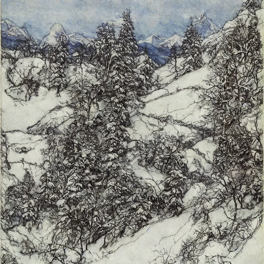 Image similar to Alps landscape in winter, by Arthur Rackham