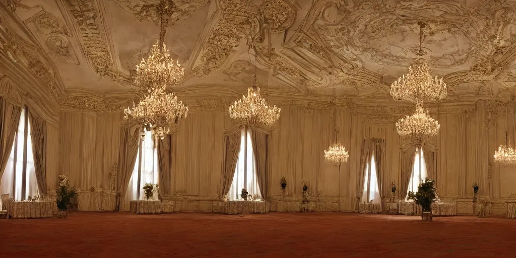 Prompt: interior palace ballroom, symmetrical, backdrop,