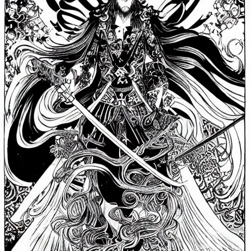 Image similar to highly detailed perspective drawing black and white goetic pen and ink manga panel by hiroya oku!! mucha illustrated sorcerer beautiful attractive long hair ringo starr fxv flowing ritual royal!!! vagabond! manga panel swords dramatic esoteric!!!!!! long hair flowing dancing illustrated in high detail by frank miller, shonen jump