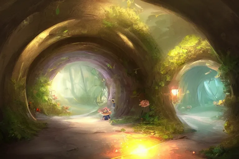 Image similar to a tunnel towards dreamy land ,concept art trending on artstation, golden rule, magical world ,