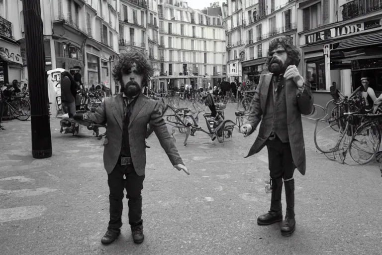 Image similar to peter dinklage on stilts walking in the hazzy streets of paris, in the style of eugene atget and peter witkin