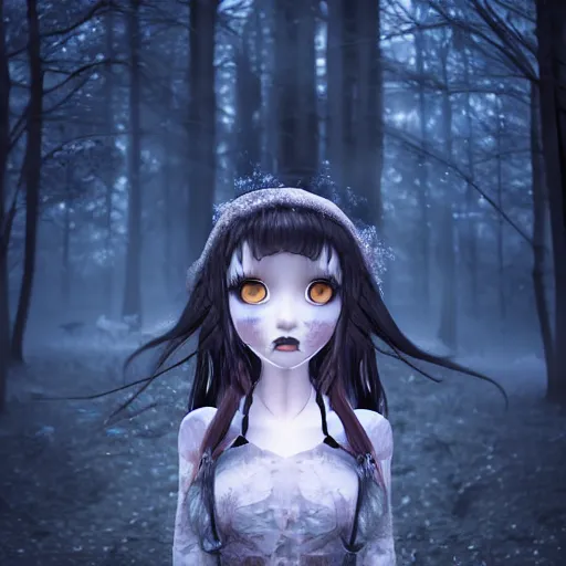 Image similar to portrait of beautiful darkness witch 3D anime girl, dark forest background, snowing, bokeh, inspired by Tim Burton, digital painting, unreal engine render, volumetric light, high détail